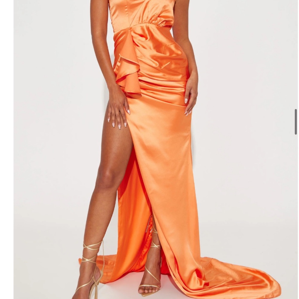Fashion Nova Orange Satin Maxi Gown One Shoulder